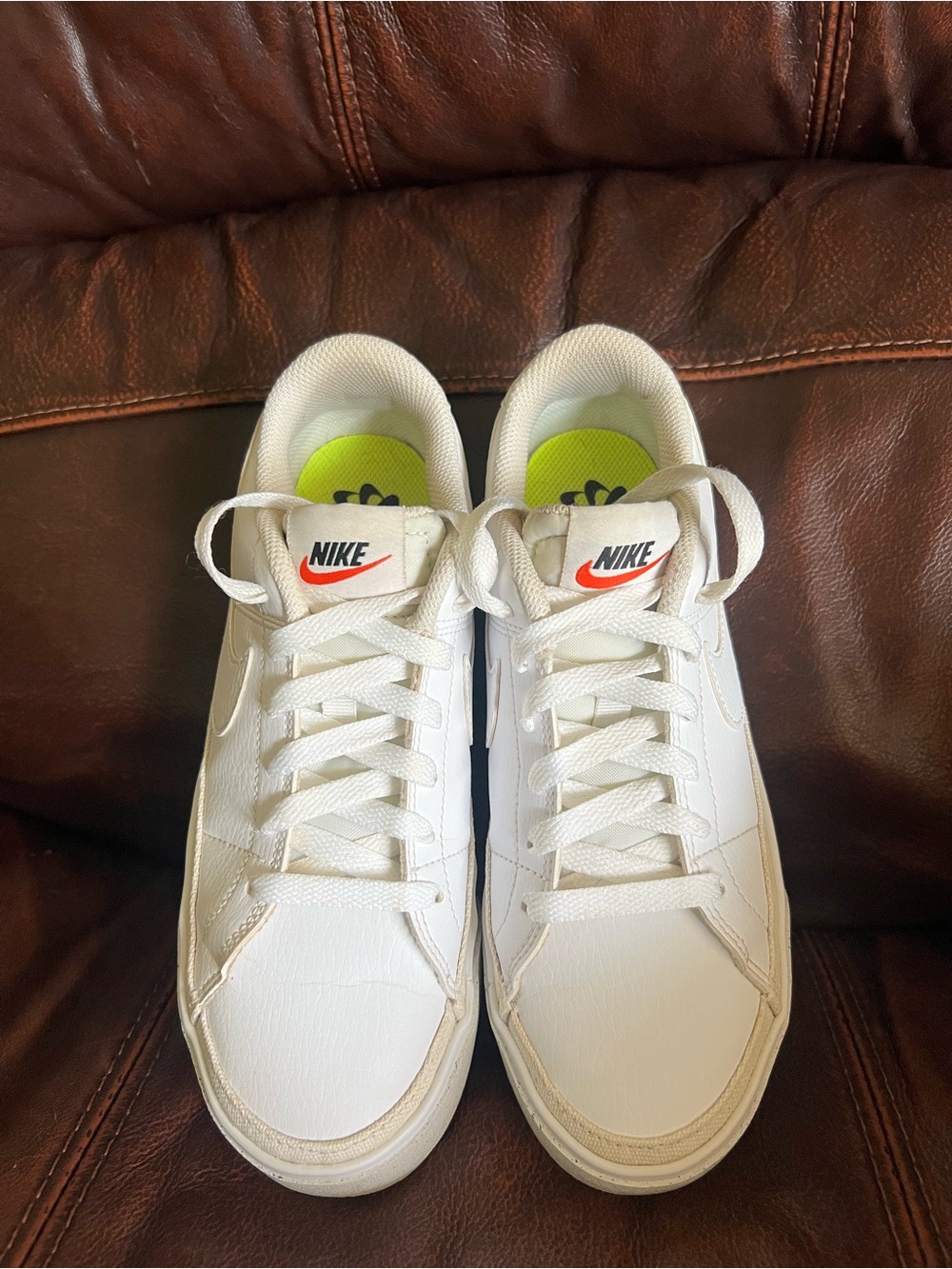 Nike White Leather Low-Top Sneakers with Neon Green Insoles